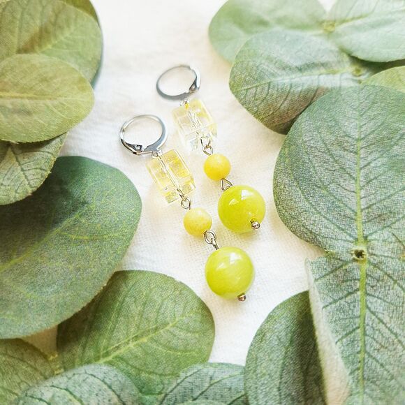 Lime Green Jade Stone Earrings, Geometric Boho Earrings, Y2K Retro Earrings - Picture 3 of 8